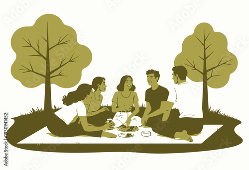 A joyful group of friends enjoying a picnic under the shade of lush green trees on a sunny day, sharing laughter, food, and memorable moments together on a blanket in the park