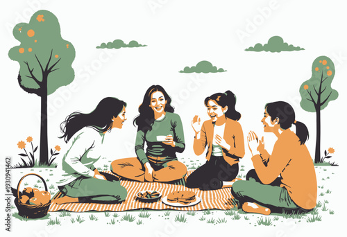 Four Women Enjoying a Lively Picnic with Snacks and Fruits in a Sunny Outdoor Park with Trees and Flowers