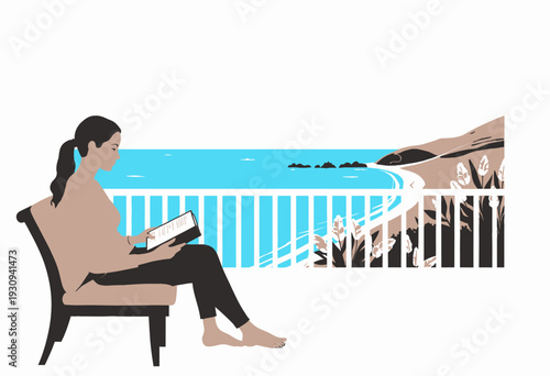 Woman Sitting on a Balcony Chair Reading a Book with a View of Scenic Ocean and Beach Landscape Under Clear Blue Sky on a Sunny Day