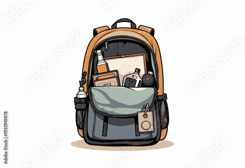 Illustration of a Backpack Filled with Various Everyday Essentials Including Bottles, Notebook, and Toiletries Displayed in a Detailed and Organized Manner