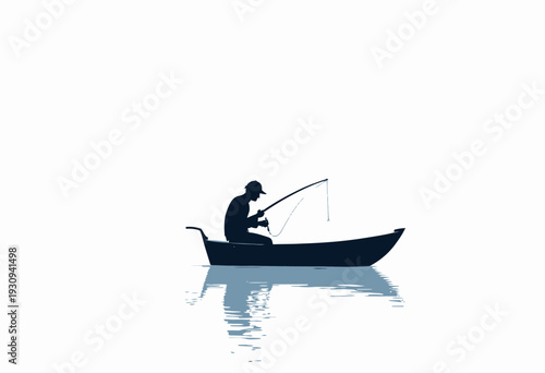 Silhouette of a lone fisherman on a serene lake sitting in a small rowboat holding a fishing rod with calm water reflections under a clear sky