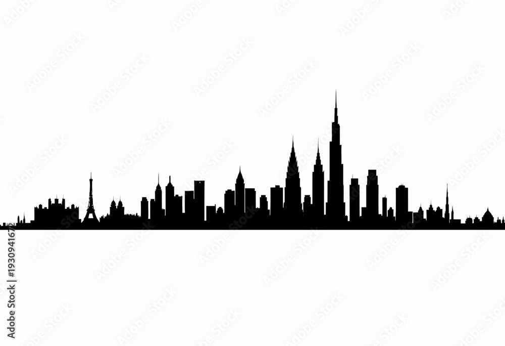 Obraz premium A Comprehensive Black Silhouette of Diverse Global Metropolitan Skyline Featuring Iconic High-Rise Structures and Architectural Landmarks