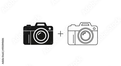 Black and white camera icon set with plus sign in between two cameras Vector