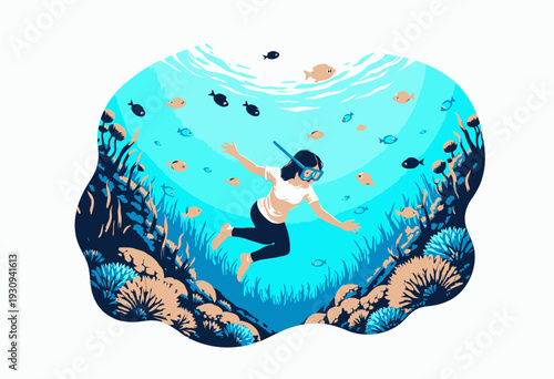 A young snorkeler immersed in a vibrant underwater ecosystem surrounded by colorful fish and coral reefs in a tranquil and clear ocean scene