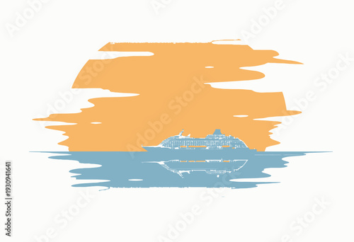 Illustration of a Majestic Cruise Ship Sailing Across the Ocean at Sunset with a Stunning Sun Reflected on Calm Seas and Expansive Sky