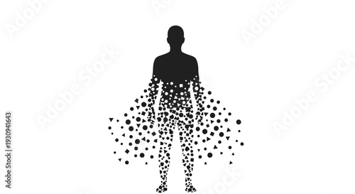 Human Figure Dissolving into Particles on White Background