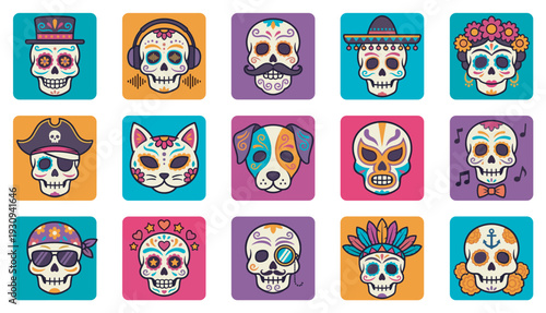 Colorful sugar skulls and decorative calaveras collection with various accessories and festive designs for celebration.