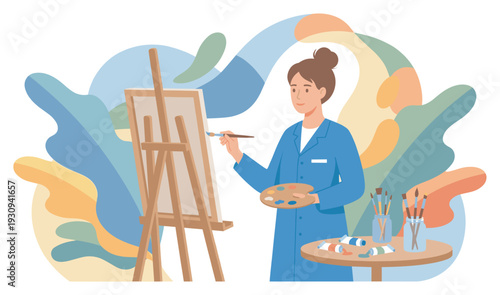 Female artist painting on an easel with a palette and brush, surrounded by various art supplies, illustrating a creative process.