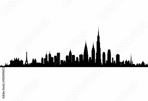 A Comprehensive Black Silhouette of Diverse Global Metropolitan Skyline Featuring Iconic High-Rise Structures and Architectural Landmarks