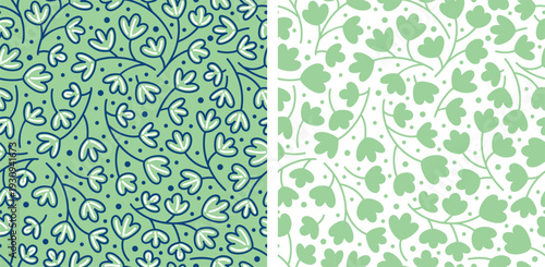 Set of seamless pattern of doodle flowers with leaves. Vector illustration. Flower wallpaper for spring design. Green leaves in doodle style. graphic background.
