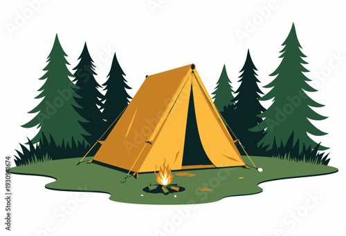Illustration of a yellow tent set amidst a forest clearing with pine trees and a small campfire in the foreground under a clear sky