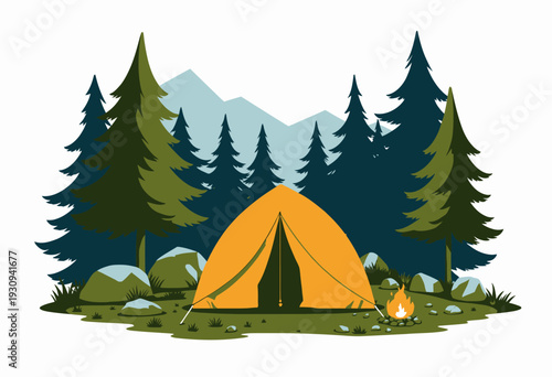 Bright Orange Tent Nestled in Forest Surrounded by Pine Trees and Mountains with Campfire on Grassy Terrain