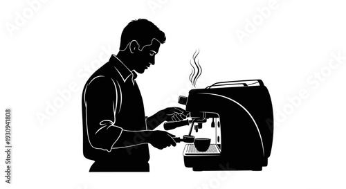 Man making espresso with coffee machine, silhouette