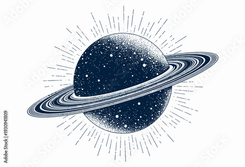 Intricate Digital Illustration of a Celestial Planet with Rings and Cosmic Particles Amidst Radiant Lines