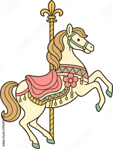 Elegant Rearing Carousel Horse Vector Illustration with Pink Saddle Flower and Gold Pole, Whimsical Merry-Go-Round Clipart
