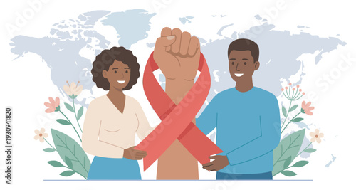 Diverse couple supports global HIV AIDS awareness with a red ribbon wrapped around a powerful raised fist, symbolizing unity and hope.