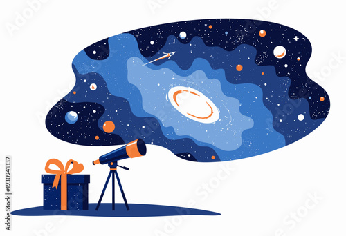 Illustration of a Telescope and Gift Under a Starry Night Sky with Planets, Galaxies, and a Shooting Star Capturing the Wonders of Space Exploration