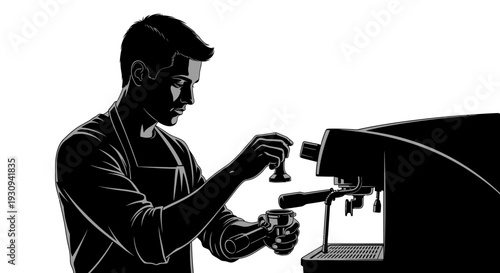 Barista preparing espresso using tamper and coffee machine