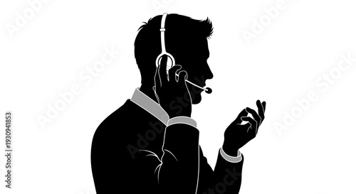 Silhouette of a man with headset, customer service, communication concept