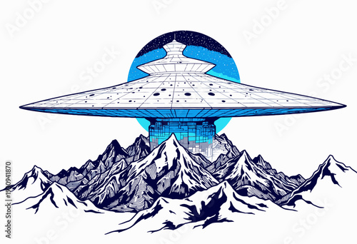 Futuristic UFO Hovering Over Snow-Capped Mountain Range with Starry Night Sky Backdrop in Sci-Fi Fantasy Illustration