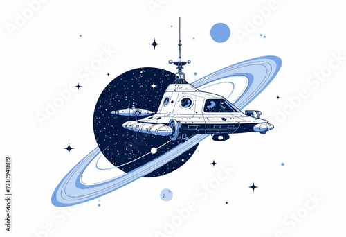 Futuristic Spaceship Navigates Through Mysterious Cosmic Realm with Planets and Stars in the Expansive Universe