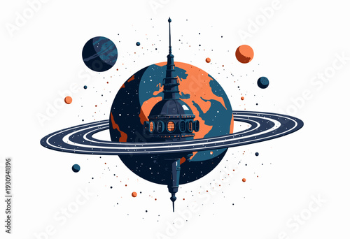Futuristic Space Station Orbiting a Multi-Planetary System with Colorful Planets and Stars in a Distant Cosmic Landscape