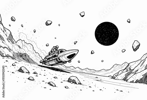 Futuristic Spacecraft Navigating Rocky Terrain on Barren Planet under Looming Dark Celestial Body in Surreal Black and White Illustration