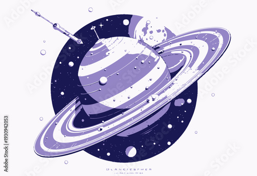 Vibrant Illustration of a Blue and Pink Striped Planet with Rings in a Colorful Cosmic Space Environment Featuring a Rocket and Starry Background