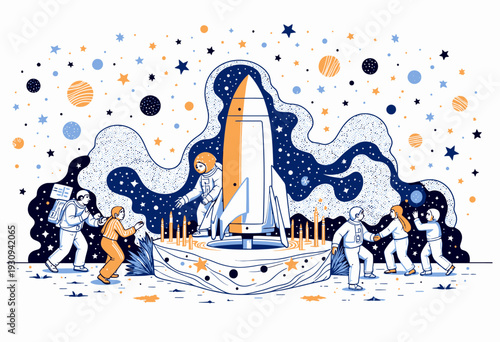 Illustration of astronauts exploring the cosmic landscape with a central rocket among stars and space elements, showcasing planetary adventure and teamwork
