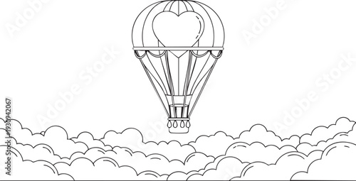 Black and white outline of a hot air balloon with a heart shape in the basket floating above