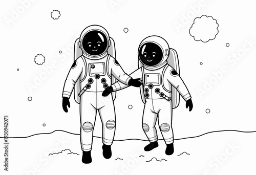 Illustration of Two Astronauts Holding Hands and Exploring a Surreal, Monochrome Outer Space Landscape with Floating Clouds