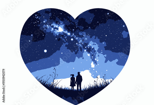 Silhouetted Couple Admiring Majestic Night Sky With Vibrant Milky Way in Heart Shape Frame, Surrounded By Stars and Whispering Grass