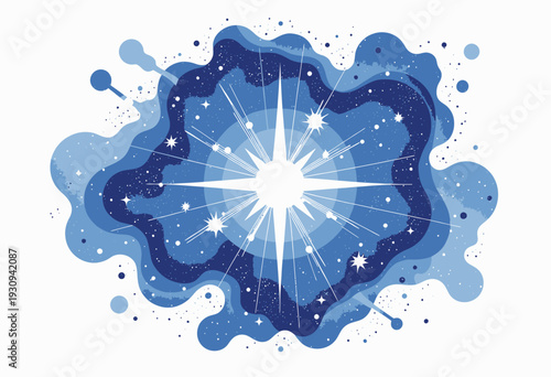 Vivid Cosmic Explosion Portrayed Through Abstract Art with Dynamic Blue and White Stellar Elements and Expansive Starburst Patterns