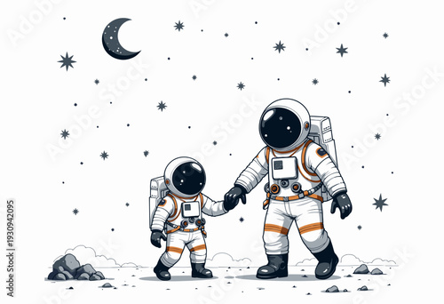 Illustration of Two Astronauts Holding Hands on a Lunar Surface Amidst Stars and Moon, Depicting Exploration and Adventure in a Cosmic Setting
