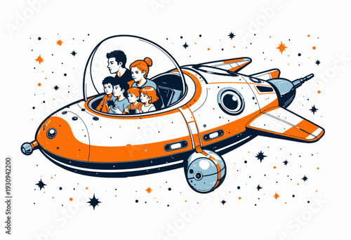 Illustration of a retro-styled spaceship traveling through a starry universe, carrying a family of five enjoying an interstellar adventure in futuristic attire.