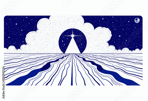 Ethereal Nighttime Landscape with Illuminated Pyramid and Radiant Star Under a Celestial Sky Filled with Stars and Clouds