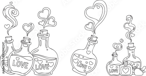 Collection of outline bottles filled with liquid and hearts labeled LOVE with steam and bubbles