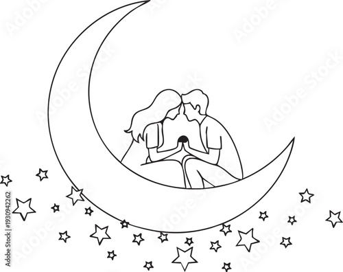 Couple Sitting Together on a Crescent Moon Surrounded by Falling Stars love