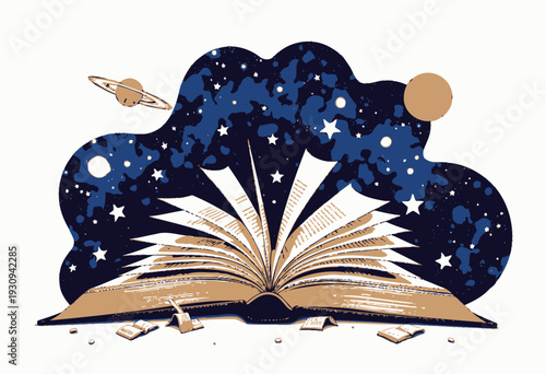 Open Book with Pages Forming Galactic Scene Featuring Stars, Planets, and Cosmic Elements Against a Deep Space Background