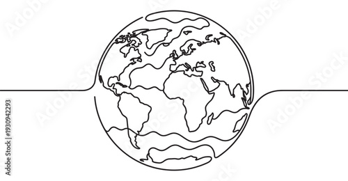 Continuous line drawing of the Earth showing continents and oceans in a minimalist and abstract style, symbolizing global connection.