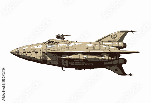 Futuristic Spacecraft with Detailed Design and Aerodynamic Structure Featuring Retro Futurism Themes and Advanced Technology Elements in a White Background