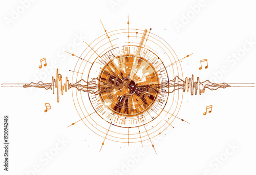 Abstract digital art illustration depicting a futuristic representation of sound waves and music notes radiating from a central circular pattern in warm tones
