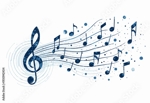 Artistic Representation of Music Flowing Across a Page, Featuring a Large Treble Clef and Dynamic Scatter of Musical Notes in Blue Tones