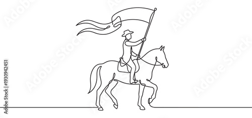 Continuous line drawing person riding horse holding flag with flowing banner representing victory and leadership.