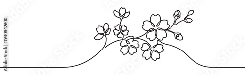 Continuous line drawing floral design with delicate blossoms and buds forming an elegant, minimalist decorative element.