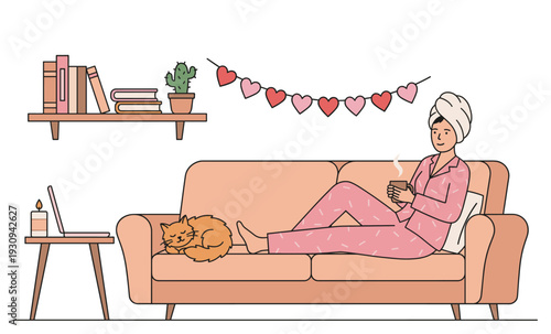 Woman in pajamas enjoys a peaceful and comfortable evening at home on her sofa with her sleeping cat and a warm beverage.