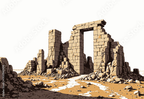 Ancient Stone Ruins with Weathered Archway and Scattered Rocks on Arid Desert Terrain Under Sunny Sky
