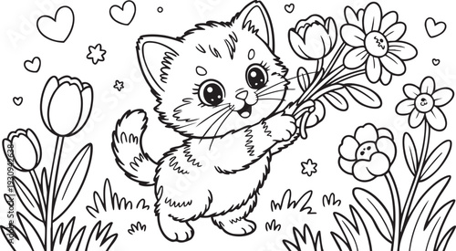 Fluffy Kitten Holding a Bouquet of Flowers in a Garden Setting