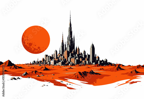 Futuristic Martian Cityscape with a Towering Skyline and Dramatic Orange Sky Featuring a Prominent Sun Rising Over an Alien Desert Landscape