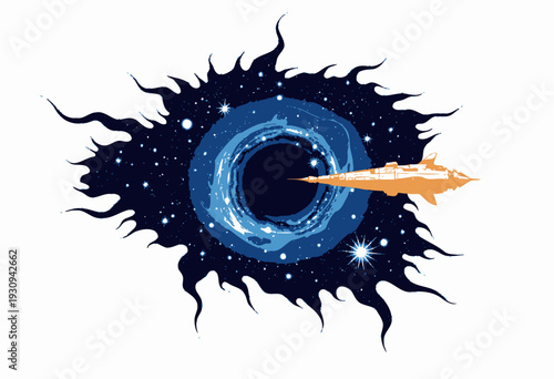 An orange spacecraft elegantly approaching a swirling black hole with vibrant blue cosmic patterns and scattered stars in a vast, mysterious universe
